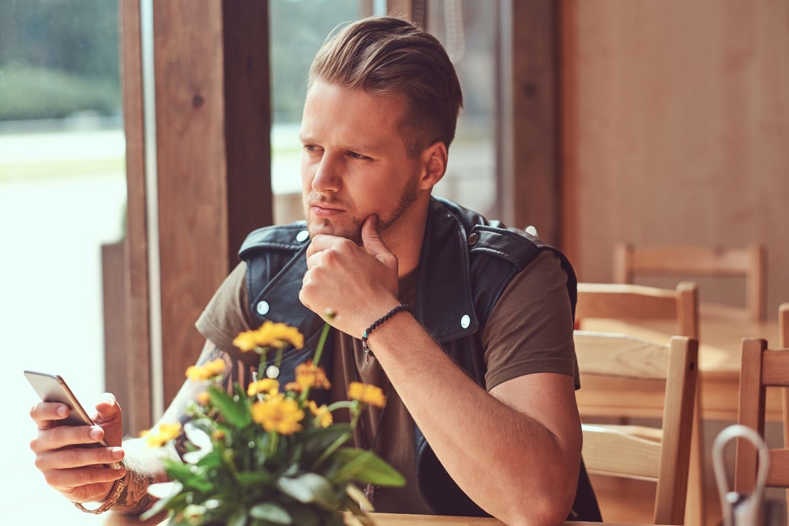 Мужчина задумчиво составляет текст сообщения в приложении для знакомств