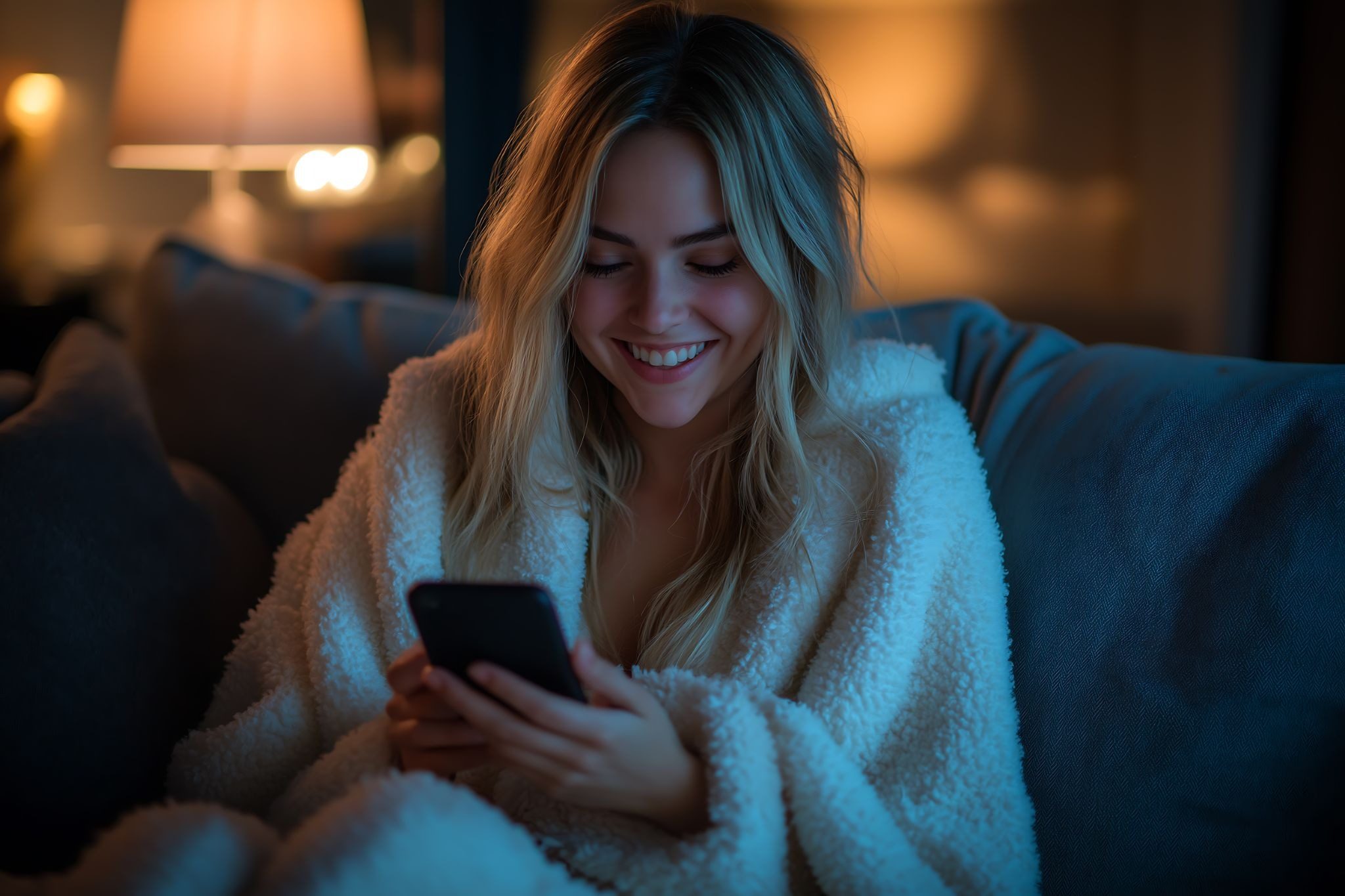 женщина с телефоном в руке лежит в темноте вечером