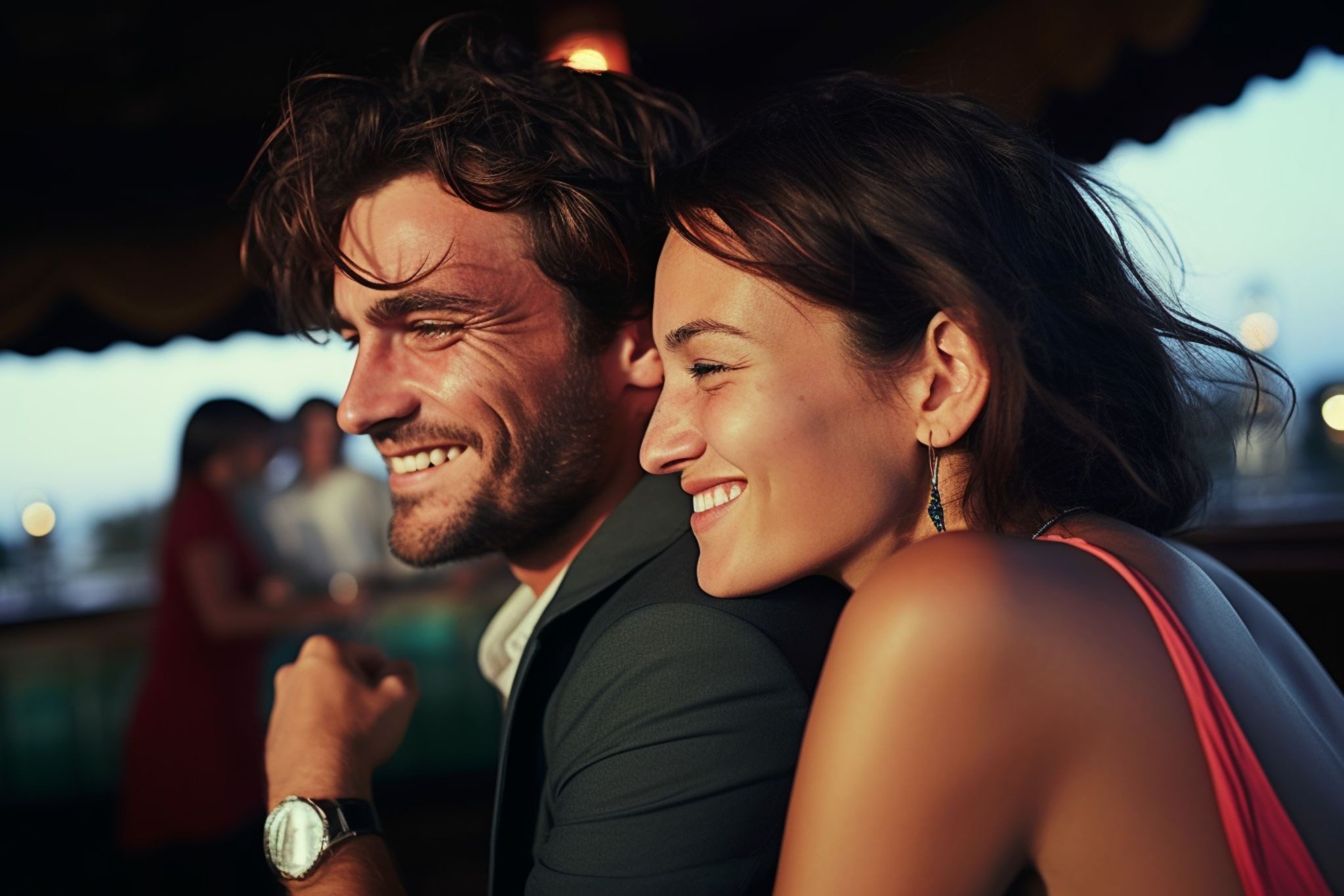 девушка смеётся во время разговора с парнем в ресторане