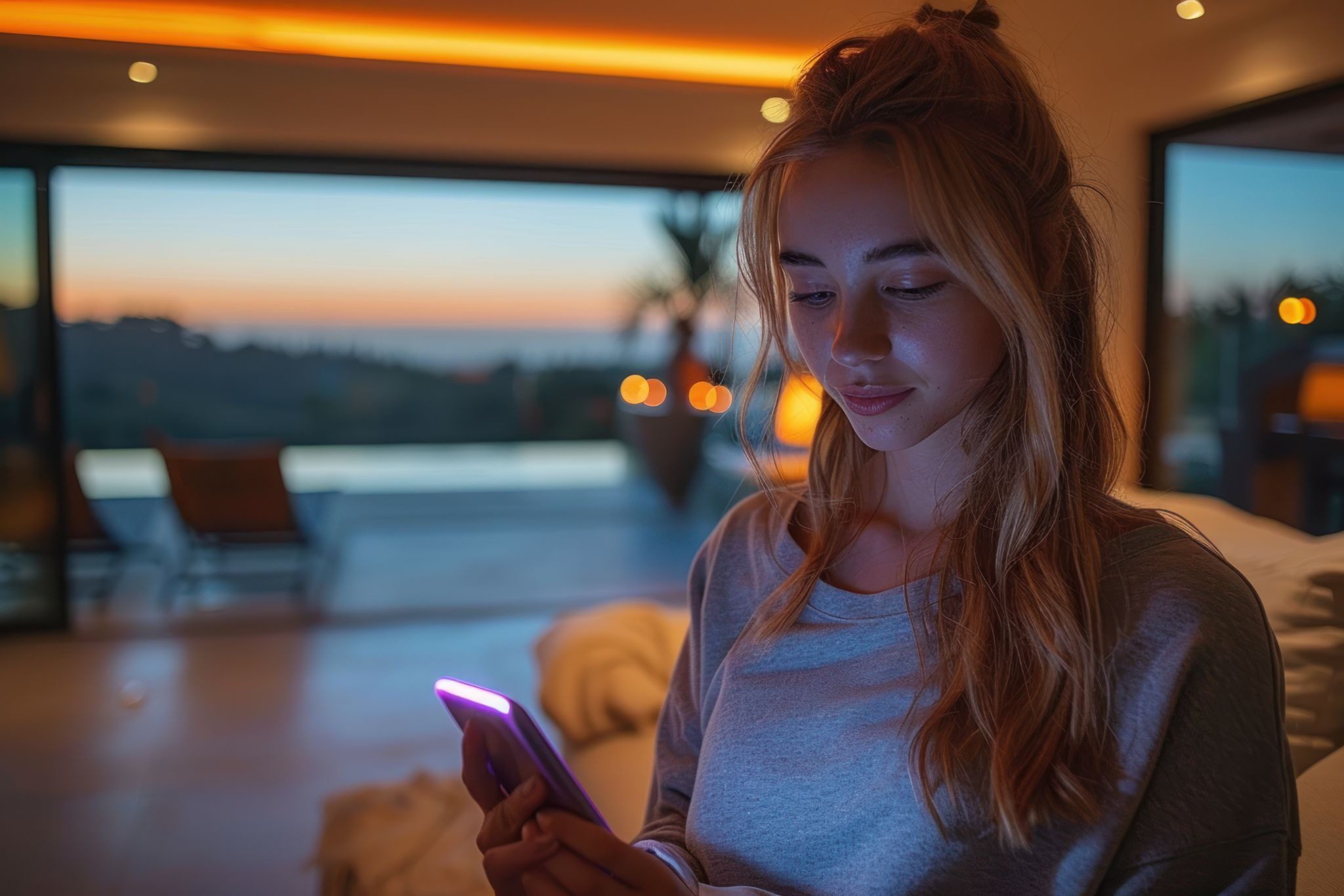 Девушка лежит на кровати с телефоном и пишет откровенное сообщение мужчине