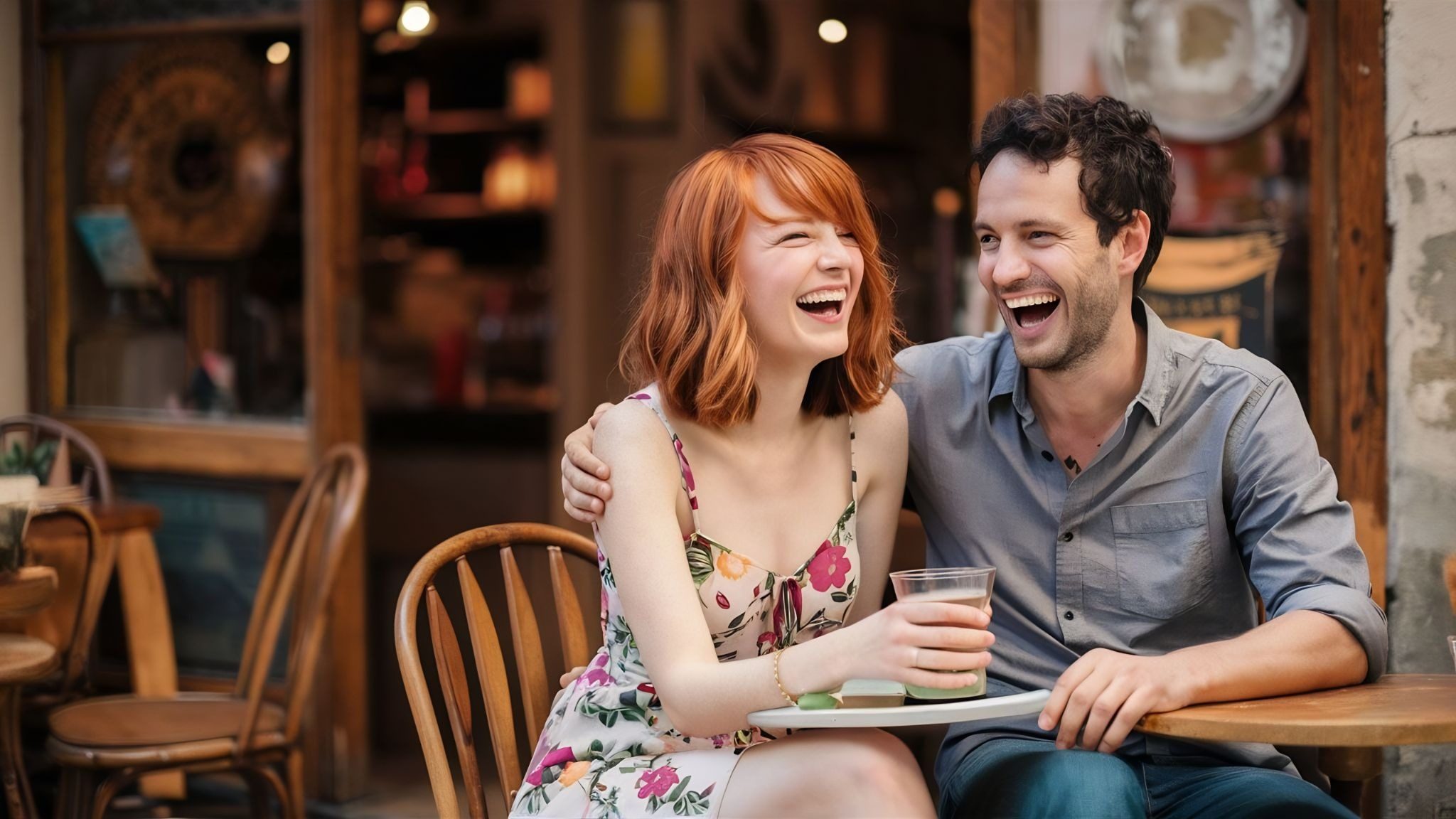 Парень и девушка смеются во время разговора о смешных историях из детства