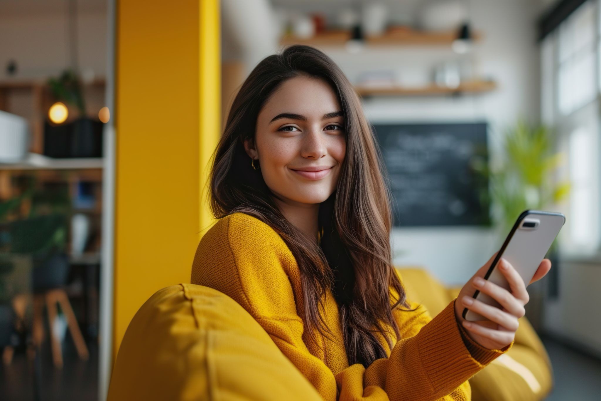 Девушка улыбается читая нежное смс от парня